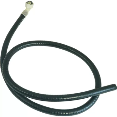 The Rancilio Millenium OUTLET PIPE With Connector is a black flexible pipe with a white plastic connector on one end, shown coiled in a loose circle, and is compatible with Rancilio Millenium machines. © 2025 1st-line.com