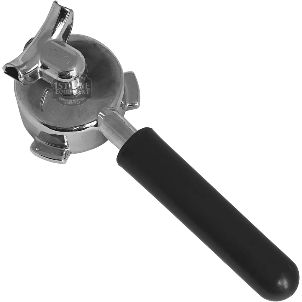 The San Marco 2 CUP MODERN FILTERHOLDER espresso portafilter, featuring a black handle and metal finish, is displayed against a white background, highlighting its sleek modern design. © 2025 1st-line.com