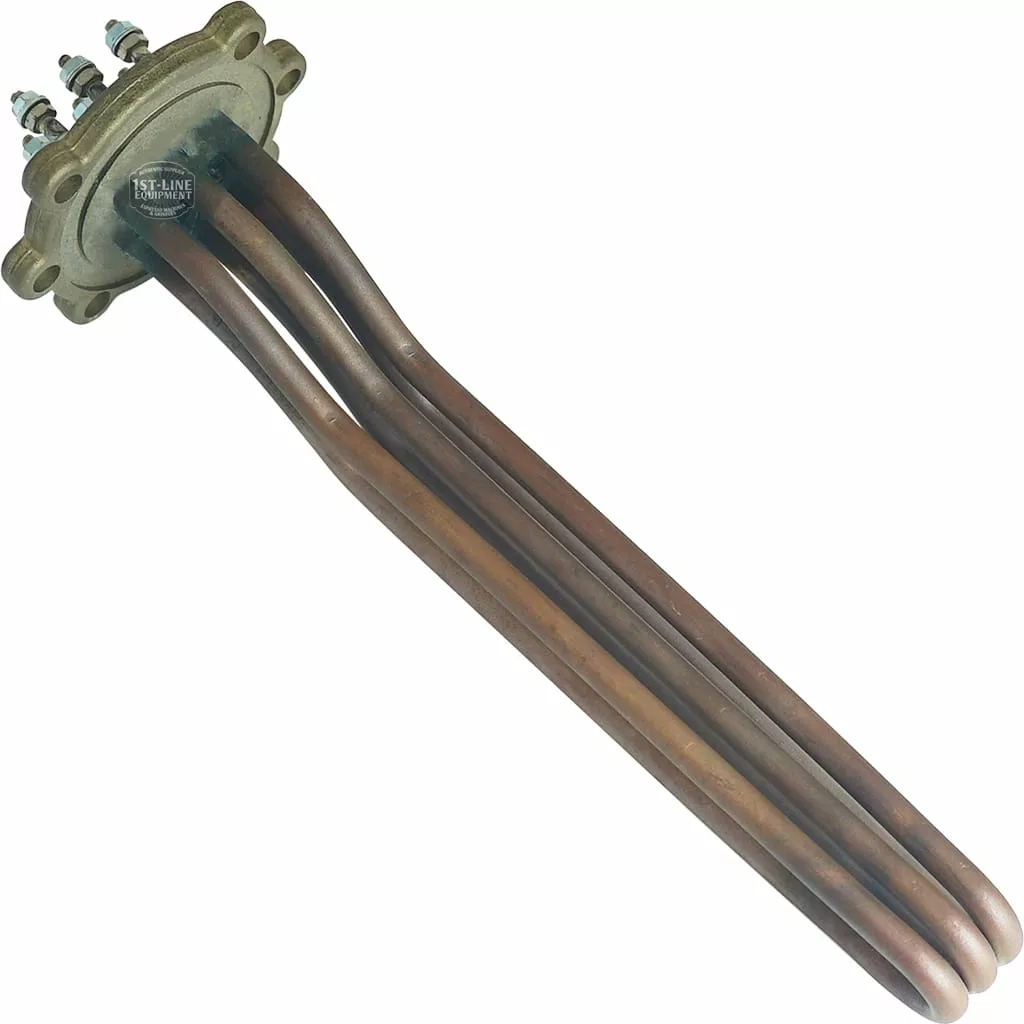 The Simonelli S..204 2GR resistance heating element, 3000W 110V, has three long curved copper tubes mounted on a round metal flange with terminal bolts on top. © 2025 1st-line.com