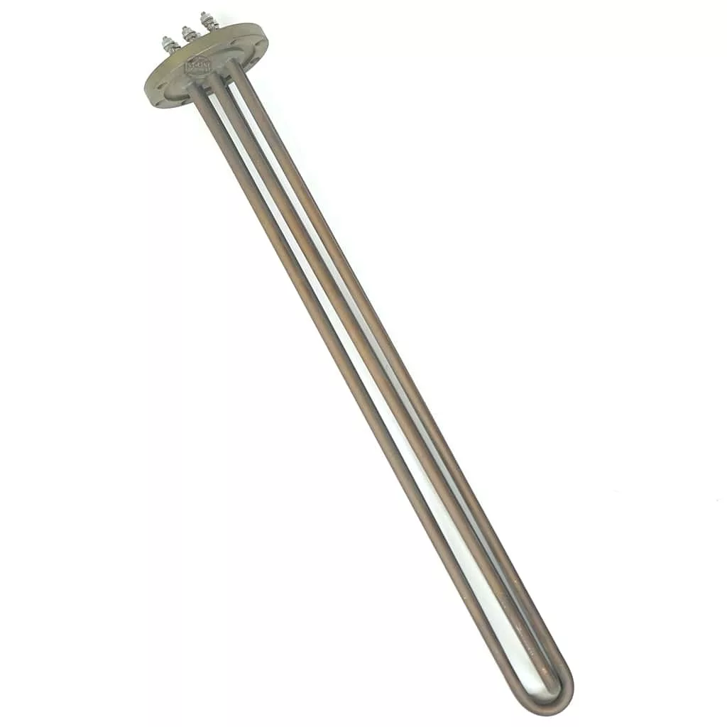 The Simonelli S..205 HEATING ELEMENT 3-4GR 5000W 110V is a metal tubular heating element with a flange and three screw terminals, ideal for 3-4 group electric water heaters or industrial use, shown isolated on a white background. © 2025 1st-line.com