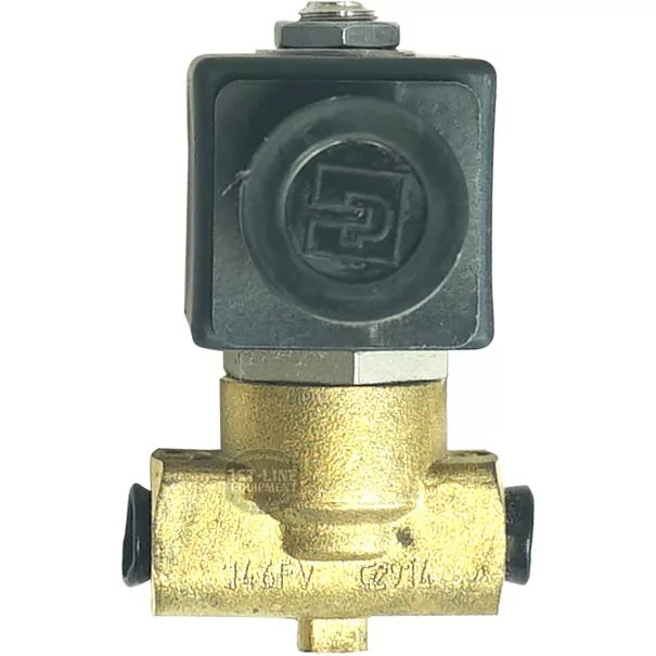 The V.1458 24Vac 9W 2-Way Parker Solenoid features a black plastic coil with a circular logo and threaded ports on both sides for easy pipe connection. © 2025 1st-line.com