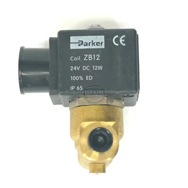 The V.1459 24VDC 9W PARKER SOLENOID, featuring a black ZB12 coil (24VDC, 9W, 100% ED, IP65), is mounted on a brass body and shown against a white background. © 2025 1st-line.com