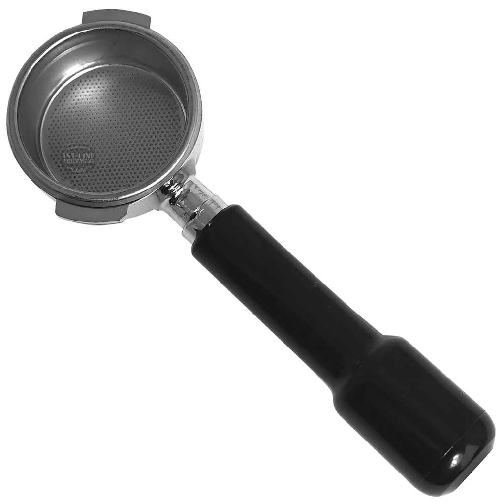 The V.2156 58mm Bottomless Portafilter, featuring a black handle and metal basket for espresso brewing, is displayed on a white background. © 2025 1st-line.com