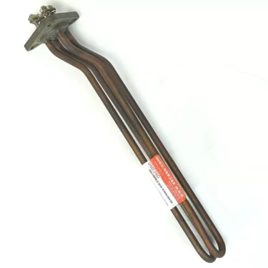 The VBM VBM284 HEATING ELEMENT 3GR 3800W 110V features two long, bent metal rods attached to a flat mounting plate with electrical connectors and a warning label near the base. © 2025 1st-line.com