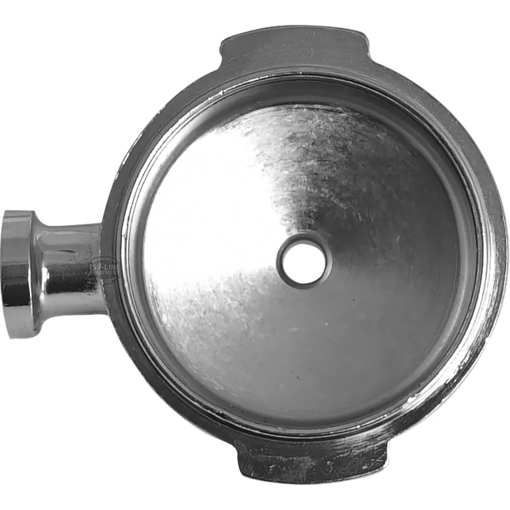 The Wega FILTERHOLDER BODY is a reflective espresso portafilter basket with a single central hole and side handle, perfect for your coffee machine setup. © 2025 1st-line.com