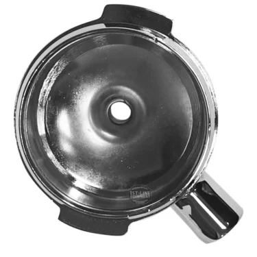 Top view of a shiny metal Pavoni FILTERHOLDER BODY with a handle and single central hole, photographed against a white background—ideal for enhancing your espresso machine setup. © 2025 1st-line.com