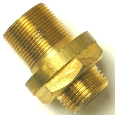 A close-up of a brass pipe fitting adapter with male threads on both ends and a hexagonal middle section for tightening using the P..188 P-1/P-3 ENGAGE HANDLE. © 2025 1st-line.com