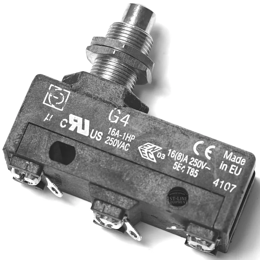 A close-up of a P..235 250V 16A P-6 GROUP MICRO industrial switch marked G4, featuring 16A-1HP 250VAC specs, certification logos, a metal actuator, and three terminal connectors. © 2025 1st-line.com