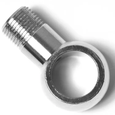 A close-up of a shiny metal GI.302 PIPE FITTING FOR STEAM WAND, featuring a threaded end and circular hollow opening, commonly used as a pipe fitting, photographed on a white background. © 2025 1st-line.com