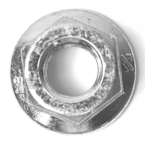 A close-up of the R..419 HEXAGONAL NUT M8 0.5 inch, featuring a shiny metallic finish and built-in washer, viewed from above on a white background. © 2025 1st-line.com
