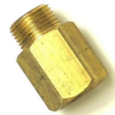 A close-up of the SP..13 STEAM TAP NUT, a hexagonal brass fitting adapter with 3/8 male and 3/8 female threaded ends, isolated on a white background. © 2025 1st-line.com