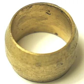 A close-up photo of the F..496 9mm BICONE brass compression ring, commonly used in plumbing or mechanical fittings. The cylindrical ferrule displays a slightly rough, worn surface. © 2025 1st-line.com