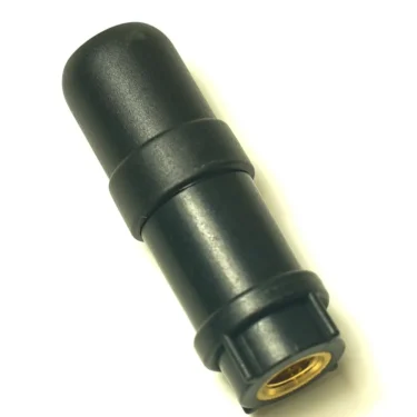 A close-up photo of the R..522 OUTLET PIPE, a black cylindrical electrical connector with a brass contact, displayed against a plain white background. © 2025 1st-line.com