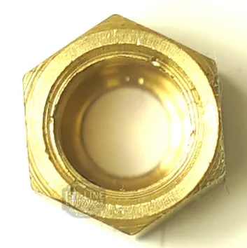 A close-up, top-down view of a V..553 1/8 NUT FOR 6MM BICONE brass hexagonal nut on a white background, showing the central threaded hole. © 2025 1st-line.com