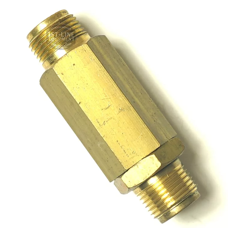 A San Marco 3/8 Retention Valve, brass hex-shaped with 3/8 threaded ends on both sides, for connecting pipes or hoses in plumbing or industrial settings, shown against a white background. © 2025 1st-line.com