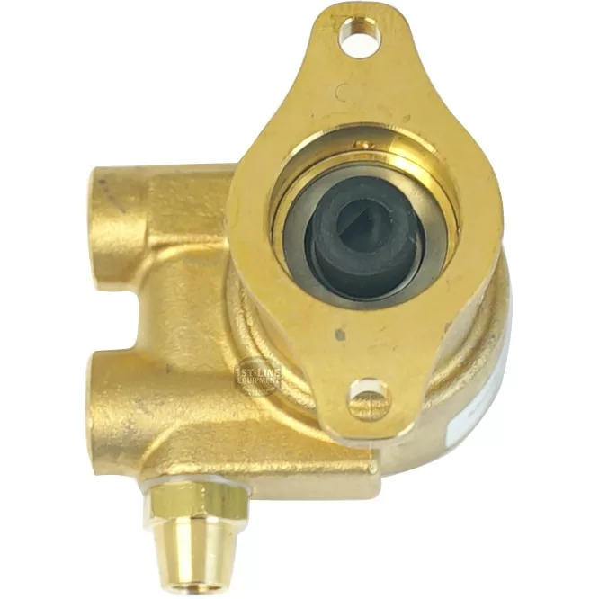 Brass oil cooler adapter for Elektra 06583035 Rotary Vane Pump, with two side ports, central rubber-sealed opening, and a two-bolt flange. Shown top-down on a white background. © 2025 1st-line.com