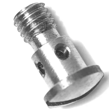Close-up of the MZ.102 SHOWER SCREW M6, a small metal screw with an M6 threaded top, cylindrical base with two holes, and a flat, angled bottom edge. © 2025 1st-line.com