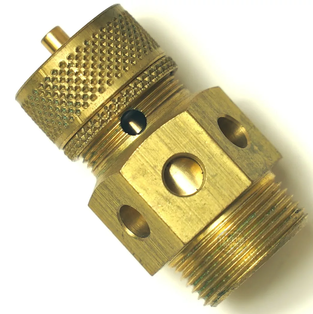 Close-up of the Pavoni P..344 M22X19 BOILER SAFETY VALVE, featuring a threaded base, knurled top, and side holes for plumbing or gas systems. Ideal for Pavoni installations. © 2025 1st-line.com