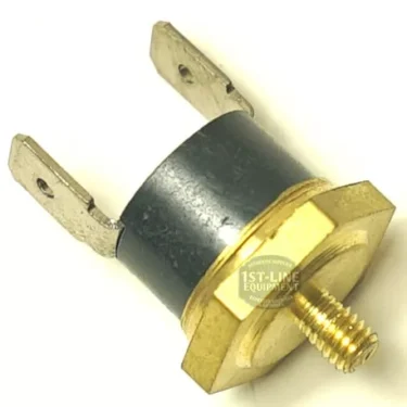 Close-up of the R.1027 130°C Thermostat, featuring two flat prongs, a hexagonal brass nut, and a threaded stud for mounting. © 2025 1st-line.com