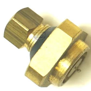 F.1224 NON-RETURN VALVE: Brass compression fitting with hexagonal nut and threaded connector, used for joining pipes or tubes in plumbing or gas systems, shown against a white background. © 2025 1st-line.com