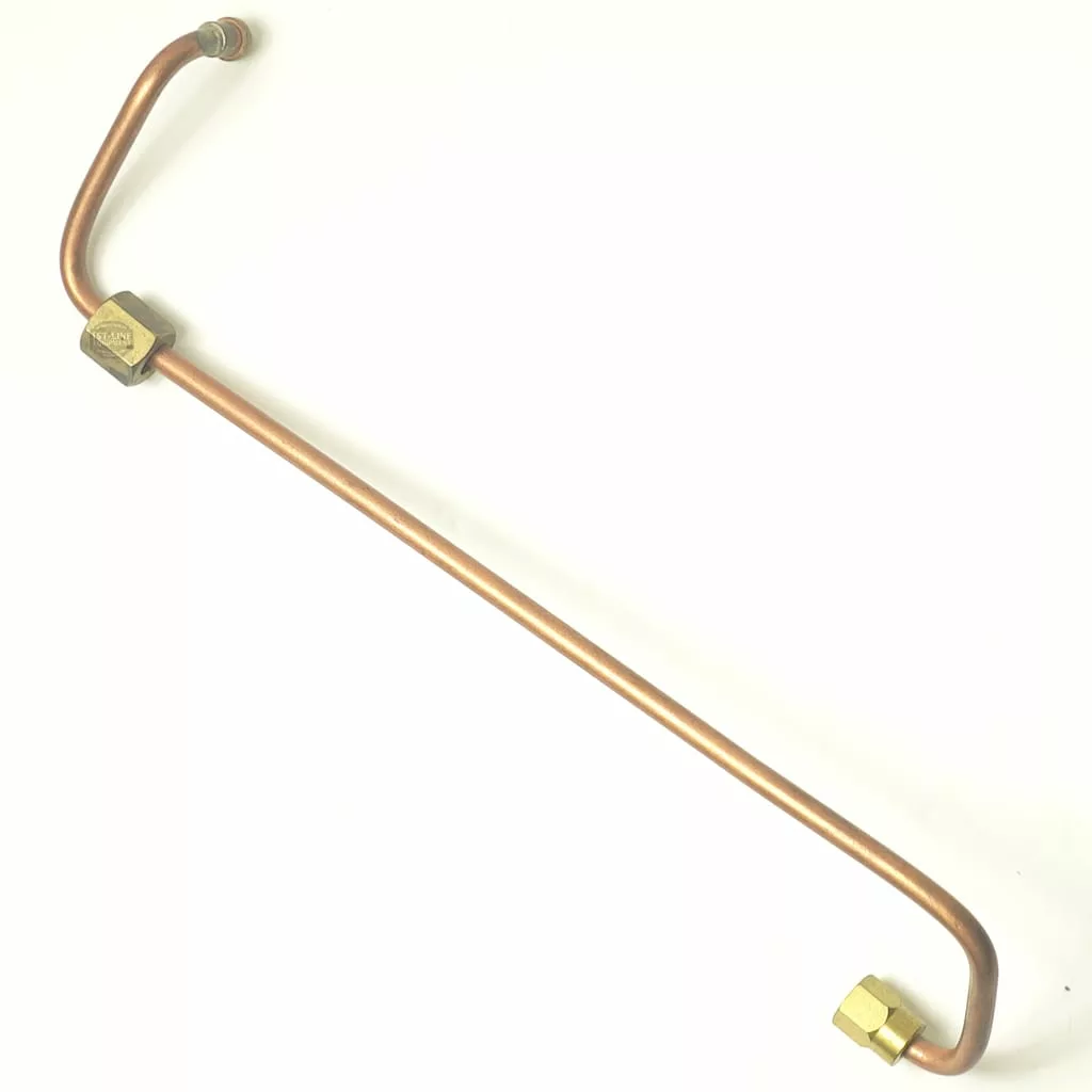 The Bezzera 5162184.01LL HX Suppression Valve Pipe is a copper pipe with brass fittings on both ends, bent at an angle, shown on a white background; perfect for use with an HX Suppression Valve. © 2025 1st-line.com