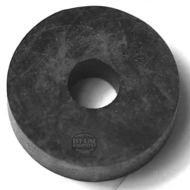 The CA...8 STEAM TAP RUBBER GASKET, a black, flat, round rubber gasket with a central hole—like a thick washer—is designed for steam tap assemblies and shown on a white background. © 2025 1st-line.com