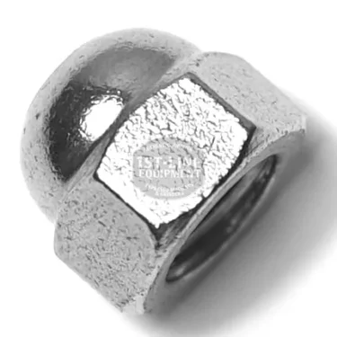 The F...90 BLIND NUT M8 is a shiny metallic cap nut with a hexagonal base and dome-shaped top, photographed on a white background. It combines durability and a sleek finish for reliable fastening. © 2025 1st-line.com