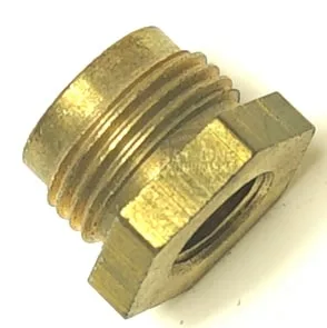 The R..193 OUTLET FITTING 1/2 - 1/4 is a brass hex bushing with 1/2 male and 1/4 female threads, used for connecting pipes or fittings of different sizes in plumbing or mechanical systems. © 2025 1st-line.com