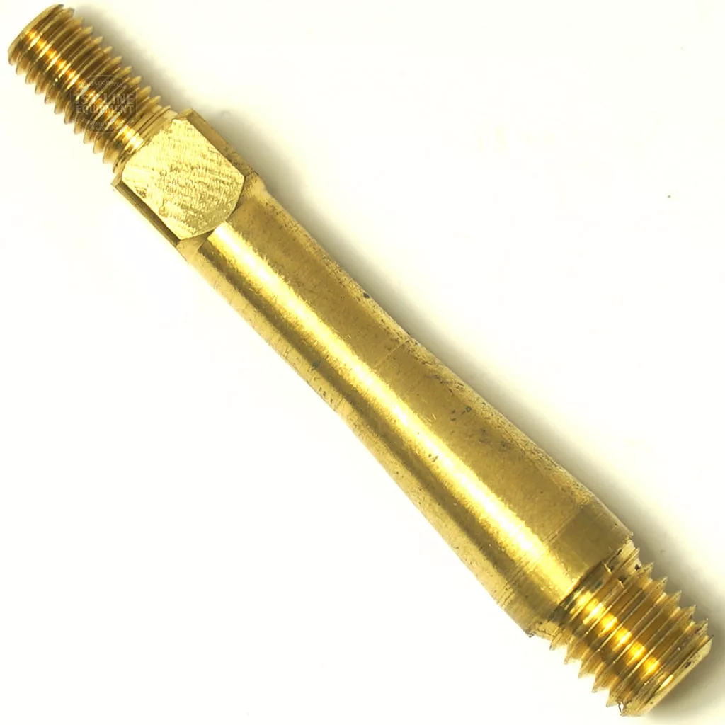 The R..333 RANCILIO FILTER HOLDER ADAPTER is a brass double-ended threaded rod with a hexagonal center, shown against a white background. © 2025 1st-line.com