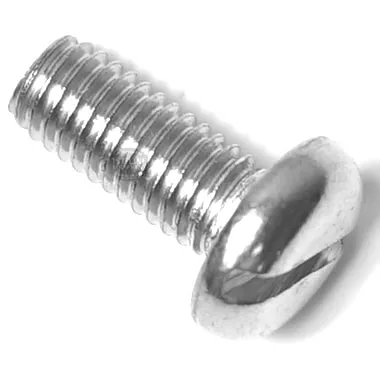 The R...49 Stainless Steel Shower Screw M5x12 features a slotted pan head and threaded shaft—shown against a white background—making it ideal for shower installations. © 2025 1st-line.com