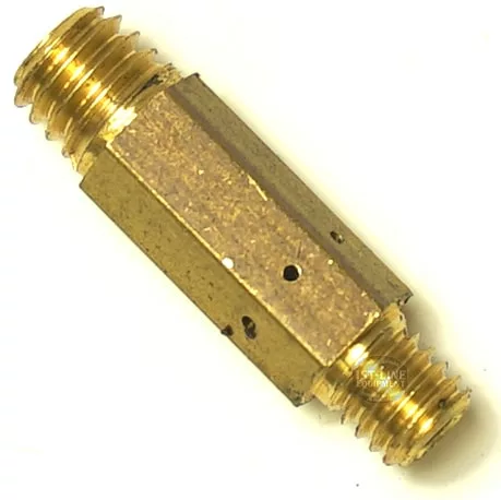 The SM.125 LOWER GROUP HEAD JET is a brass hexagonal connector with male threads on both ends, shown at an angle against a plain background. © 2025 1st-line.com