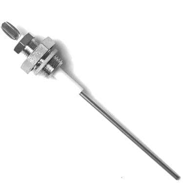 The V.1474 120mm LEVEL PROBE is a metal thermocouple sensor with a threaded hex nut, white ceramic insulator, and long stainless steel probe, pictured on a white background. © 2025 1st-line.com