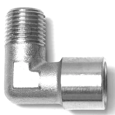 The V.1870 1/4Mx1/4F elbow fitting is a metal connector with a threaded 1/4 male top and smooth 1/4 female side, designed for joining pipes at a 90-degree angle. © 2025 1st-line.com