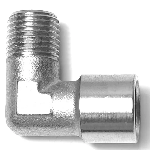 The V.1870 1/4Mx1/4F elbow fitting is a metal connector with a threaded 1/4 male top and smooth 1/4 female side, designed for joining pipes at a 90-degree angle. © 2025 1st-line.com