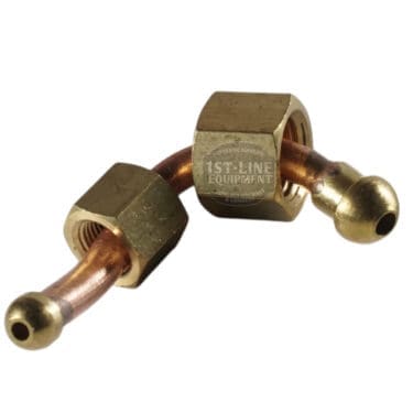 Set against a white background, two La Nuova Era NE086007 Copper Pipes for pressurestat to boiler feature brass and copper flare fittings with threaded hex nuts and flared ends. © 2025 1st-line.com