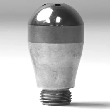 A black and white photo of the V.6334 Stainless Steel 4 Hole Steam Tip, featuring a metallic, light bulb-shaped design with a threaded base and four 1.5mm holes on its rounded top. © 2025 1st-line.com