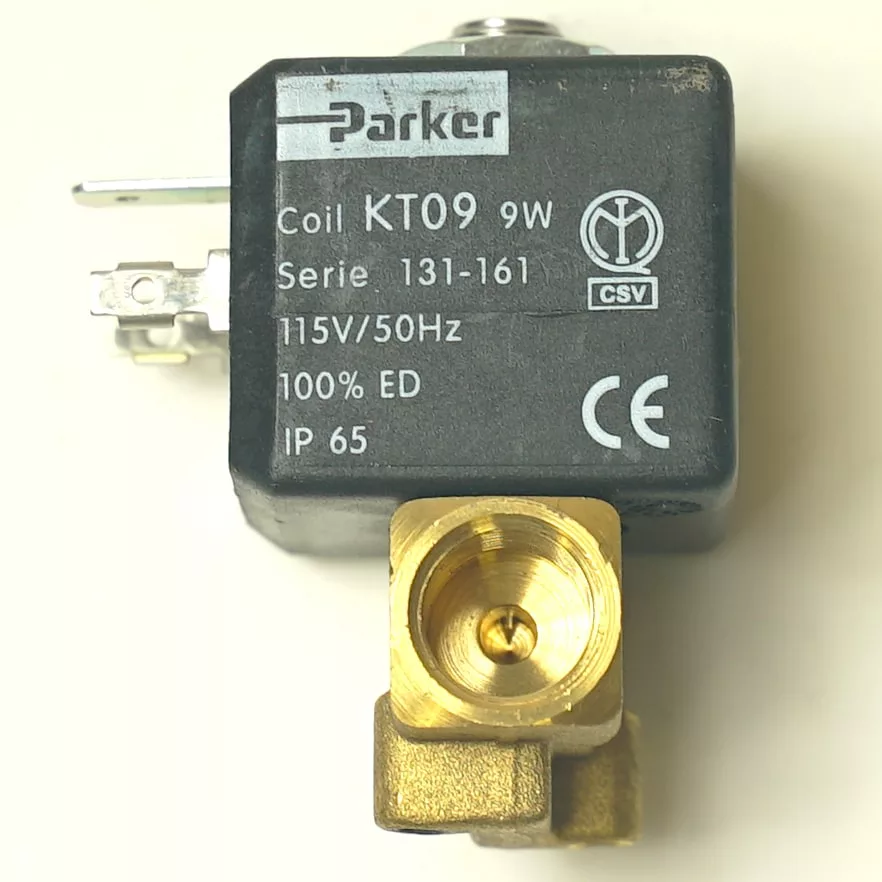 A black PARKER SOLENOID valve, model F.1866 1/4x1/4 9W 110V, has metallic connectors, a brass base, and is marked Serie 131-161 with CE certification. Specs: KT09 coil, 115V/50Hz, 100% ED, IP65 rating visible. © 2025 1st-line.com