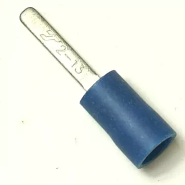A blue insulated electrical crimp terminal with a metal pin extending from a cylindrical plastic sleeve. © 2025 1st-line.com