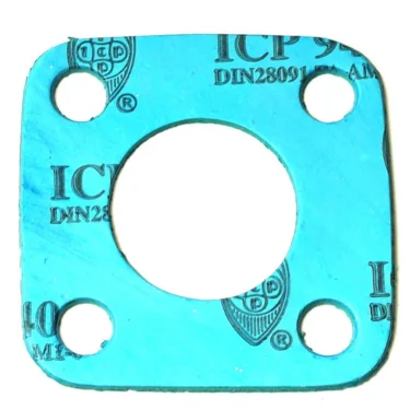 A blue, square Rancilio Alimentary Group Gasket featuring a large central hole, four corner holes, and black ICP markings. Compatible with Rancilio machines and safe for alimentary use. © 2025 1st-line.com