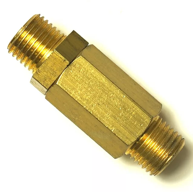 A brass connector with a hexagonal center and shiny gold finish, designed for joining components like the S...55 SAFETY VALVE. It features male threads on both ends for secure connections with matching threaded parts. © 2025 1st-line.com
