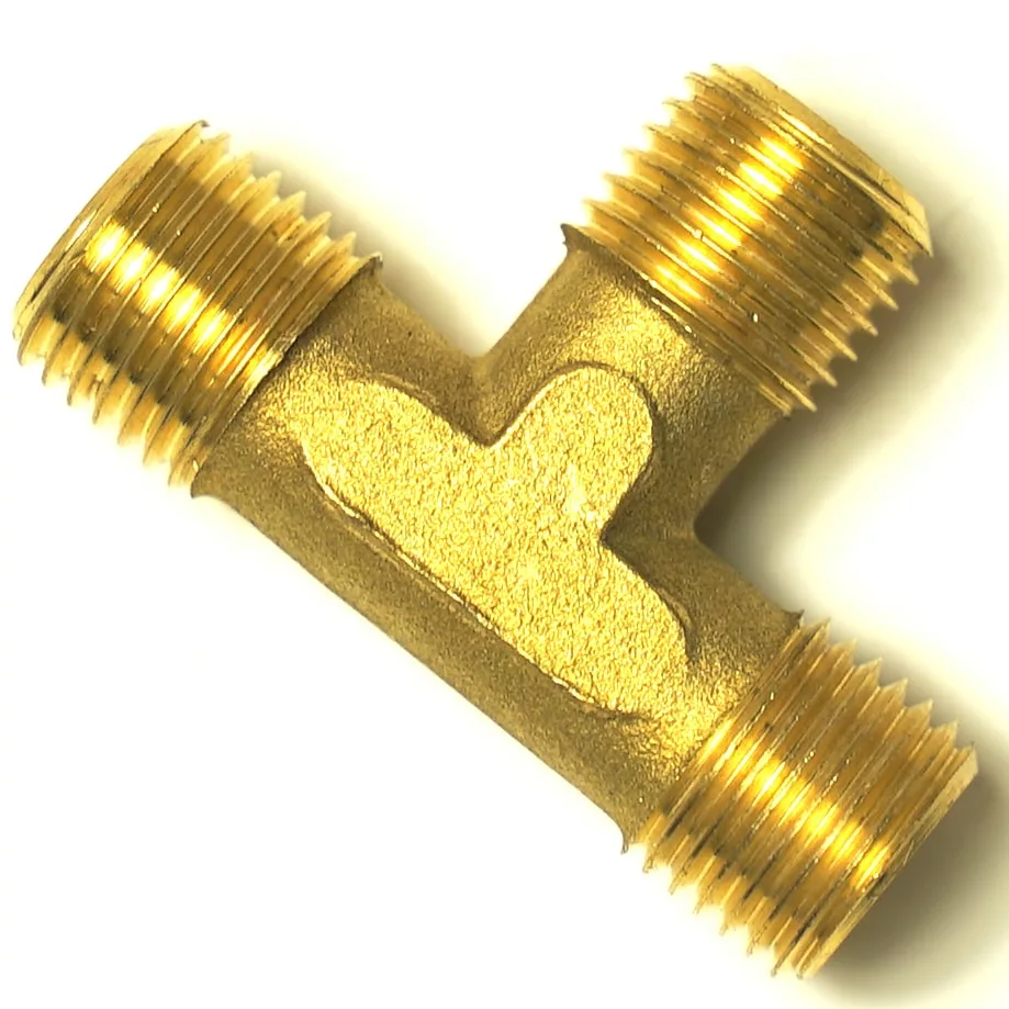 A brass T-shaped pipe fitting with three threaded male ends, for connecting pipes in plumbing or gas systems, can be securely installed using an F.1020 STAINLESS STEEL SCREW M5x14. © 2025 1st-line.com