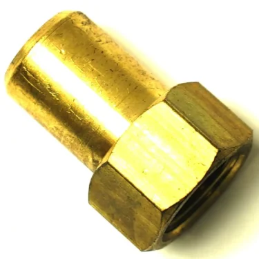 A close-up image of a brass hexagonal coupling nut with threaded interior and cylindrical extension, shown alongside an SP..79 ALIMENTARY RESISTANCE GASKET 62x51x2mm, on a white background. © 2025 1st-line.com