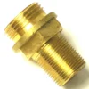 A close-up image of the R..118 GROUP REGULATION DISK FITTING, a brass adapter with dual threaded ends and hexagonal section for tightening, designed to securely connect pipes or hoses. © 2025 1st-line.com