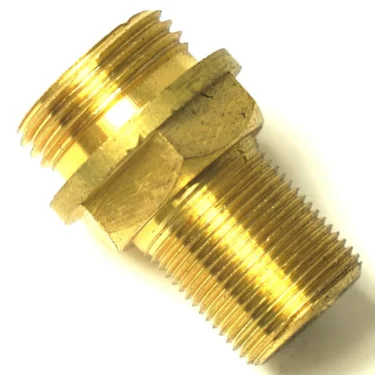 A close-up image of the R..118 GROUP REGULATION DISK FITTING, a brass adapter with dual threaded ends and hexagonal section for tightening, designed to securely connect pipes or hoses. © 2025 1st-line.com