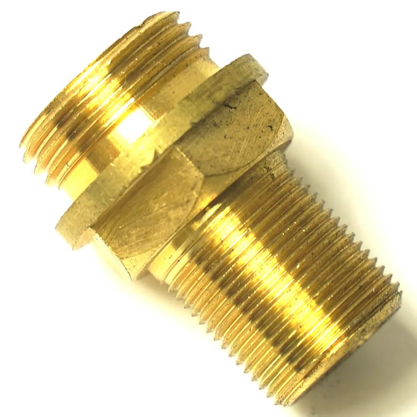 A close-up image of the R..118 GROUP REGULATION DISK FITTING, a brass adapter with dual threaded ends and hexagonal section for tightening, designed to securely connect pipes or hoses. © 2025 1st-line.com