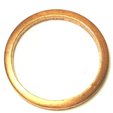 A close-up image shows a single copper washer with a smooth, round shape placed on a white background next to an MZ.120 VITON O-RING. © 2025 1st-line.com