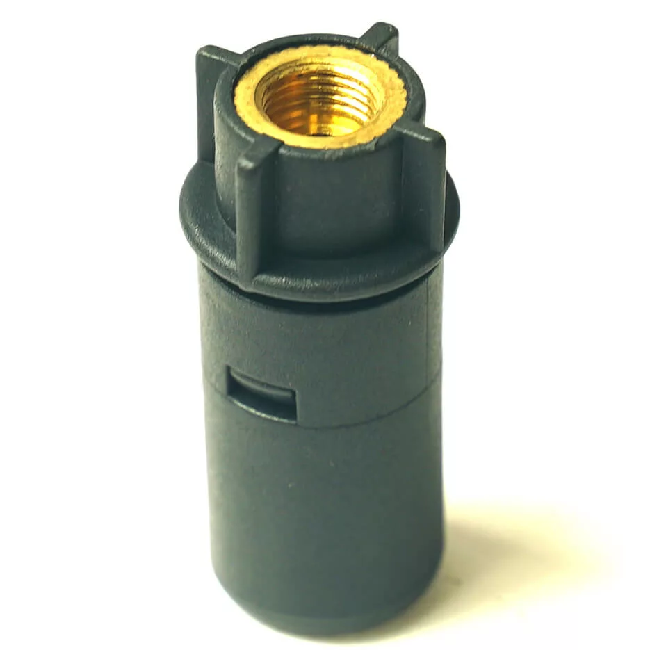 A close-up of a black cylindrical plastic adapter with a gold threaded interior, designed for connecting cables or components like the R..403 COMPLETE JET SWIRL, shown against a white background. © 2025 1st-line.com