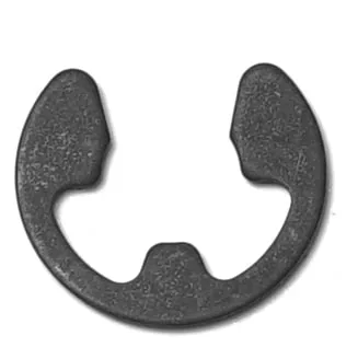 A close-up of a black E-clip retaining ring, showing its flat, open circular shape with three inward prongs, typically used in assemblies such as the V.1652 3 WAYS (TYPE 14W) M&M SOLENOID. © 2025 1st-line.com