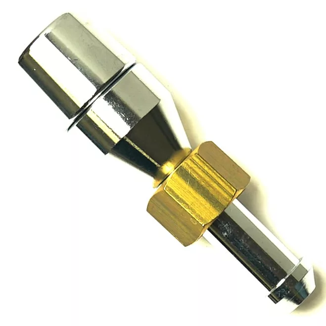 A close-up of a metal tire inflator adapter with a shiny silver nozzle, hexagonal brass nut, and an SP..27 ALIMENTARY GASKET 50x40x2mm in the center, photographed against a white background. © 2025 1st-line.com