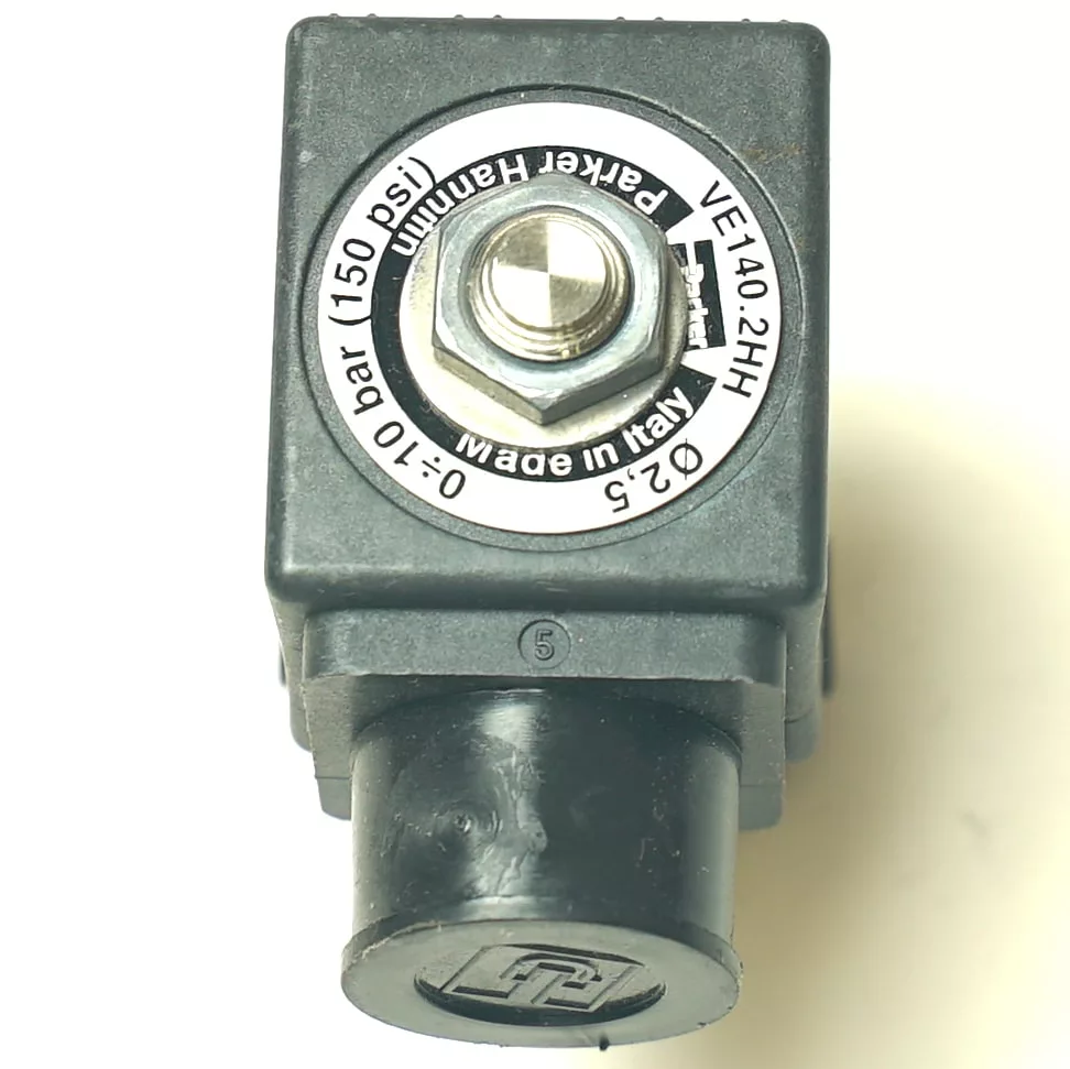 A close-up of a PARKER F.1708 1/8X1/8 2WAYS solenoid valve coil (9W), showing the top nut, pressure markings (0.2–10 bar/150 psi), 2-way operation, and Made in Italy label. © 2025 1st-line.com